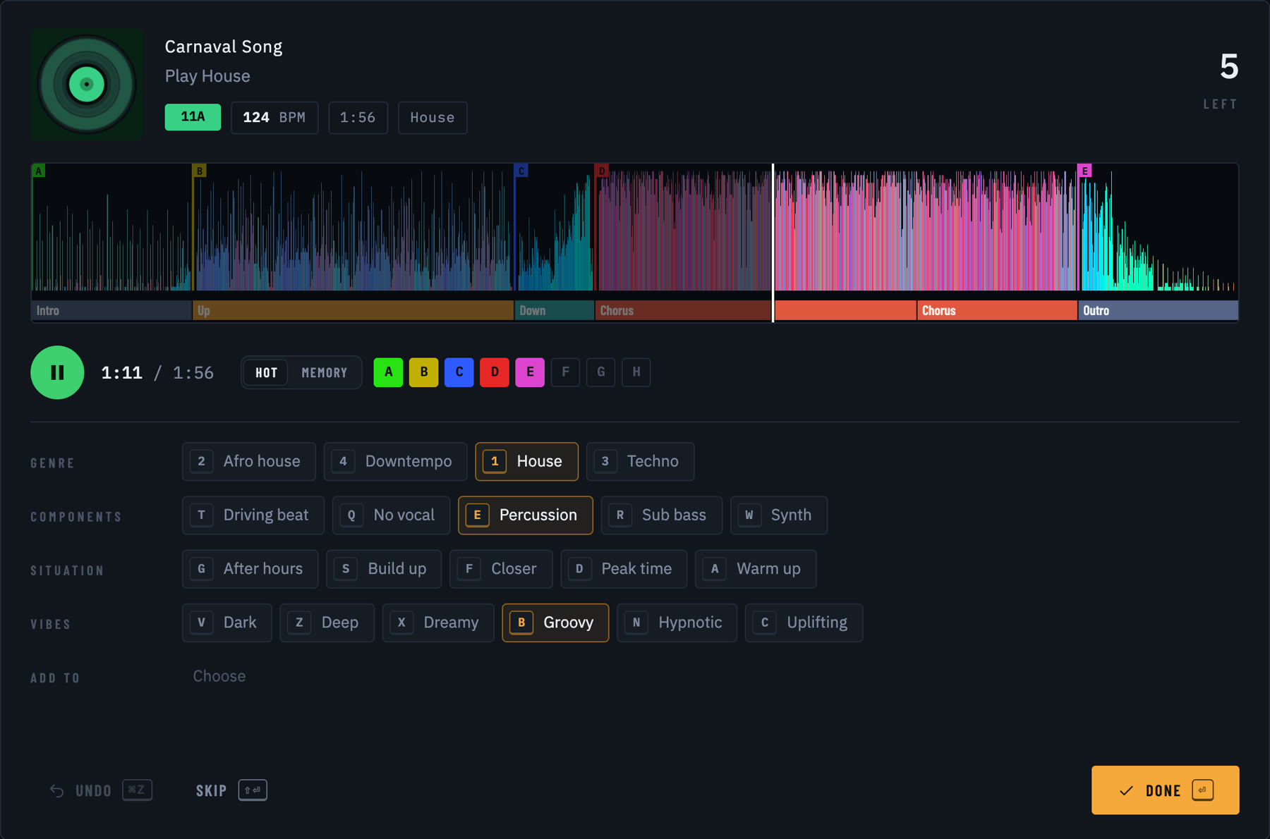 Review in b2b: an untagged track playing from its drop, with one key per tag