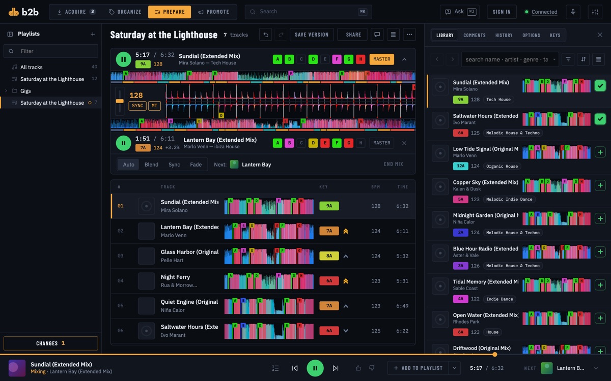 b2b on the Mac: a playlist playing as a mix, the next track blending in on deck B
