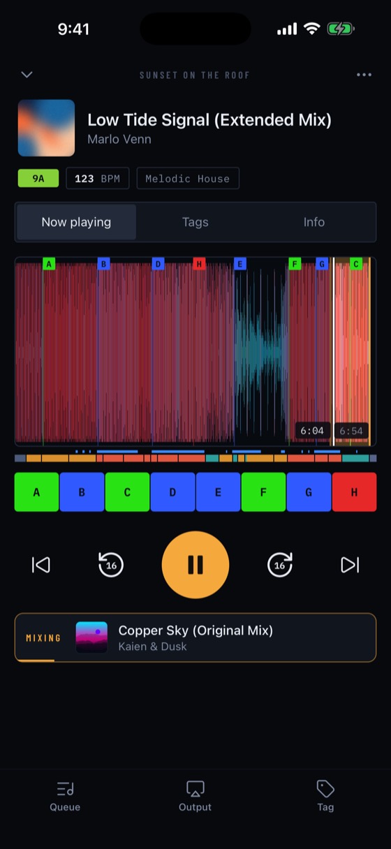b2b on iPhone: AI Mix playing, the next track coming in on the phrase
